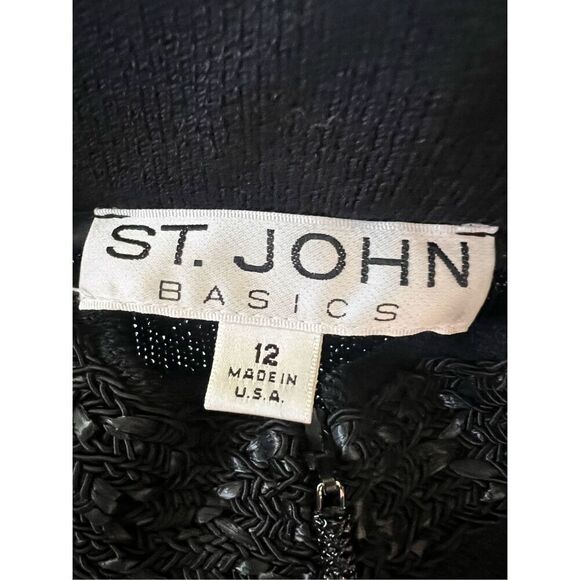 Vintage St John Black Santana Knit Zip Front High Braid Collar Blazer Women's 12 - Picture 3 of 10